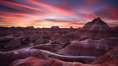 south dakota falls sunset at badlands national park showcases a psychedelic surrealist landscape with vibrant hues of light red and purple. the image captures a striking juxtaposition of hard and soft lines, enhanced by nature-inspired installations. the color palette includes light crimson and beige, creating a mesmerizing effect. this photograph resembles a captivating matte painting with its horizontal stripes and dreamlike ambiance. ai generatedの素材