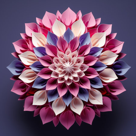 an origami dahlia flower in multiple colors, showcasing circular abstraction and symmetrical compositions. this photorealistic composition features a combination of light navy and pink hues, creating an intricate still life. the vibrant colors and multi-layered design resemble colorful woodcarvings, making it a visually captivating piece. ai generatedの素材