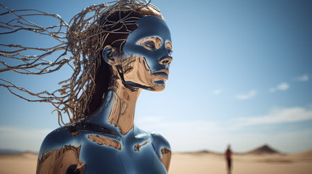 a woman's head emerges from the desert landscape, adorned with metallic finishes and intricate body-painting. the fusion of technology and realism is evident in the chrome-plated features, contrasting against the vivid blue skies. the dark gold and light azure hues create a captivating visual, symbolizing the interplay of human connections within a technologically advanced world. ai generatedの素材
