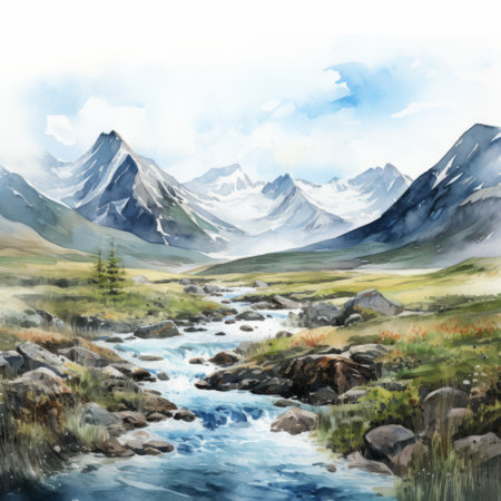 tundra landscape with hyper realistic watercolor style, showcasing majestic mountains against a pristine white background. ai generatedの素材
