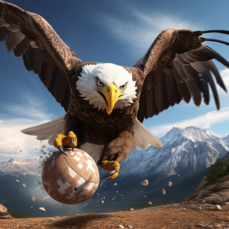 a bald eagle, in the style of digital surrealism by thomas wrede, catches a ball in front of rocks. this explosive wildlife image showcases playful character designs and a realistic portrayal of the majestic american symbol. rendered in maya, this artwork combines elements of surrealism and american propaganda. ai generatedの素材