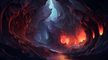 a dark fantasy photo featuring a cave nestled within a forest, with a river flowing through the mountains. the image is rendered in a style that combines light crimson and light blue hues, showcasing irregular curvilinear forms. inspired by artists like anton fadeev, dragoncore, and patrick brown, the soft renderings create an intense atmosphere, with captivating close-ups. ai generatedの素材