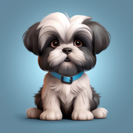 a cartoon dog with a bluish neck is depicted in this highly detailed and realistic style. the dog is portrayed in dark white and dark gray tones, showcasing its cute and colorful appearance. the illustration draws inspiration from persian miniature art, featuring soft and rounded forms. volumetric lighting adds depth to the image, creating a unique chinapunk aesthetic. ai generatedの素材