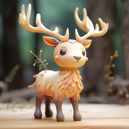 a wooden elk sculpture with a full body, created using ip and blender software. this pop mart collectible features a high level of detail, especially in the face, and is rendered in ultra high definition. the elk showcases bright and pastel colors, resembling a clay figure. a blind box item of the best quality, it is a collaboration between pixar, disney, and pop mart. aiの素材