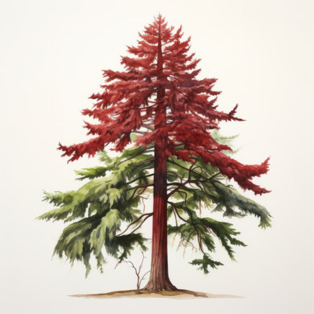 a redwood tree, painted by beatrice potter using the watercolor technique, stands tall and majestic against a pristine white background. the vibrant hues and intricate details of the artwork capture the beauty and grandeur of this iconic tree. ai generatedの素材
