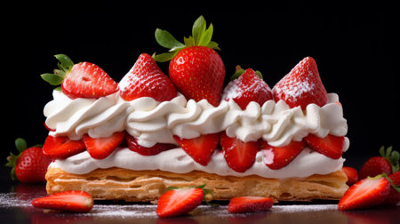 a close-up photo of a strawberry dessert featuring whipped cream and fresh strawberries. the dessert is beautifully presented on a black background, resembling elaborate borders in the style of french realism. the image was captured using a konica big mini camera, showcasing wavy resin sheets. the distinctive characters of the dessert are highlighted, reflecting the patience of a saint. the composition appears elongated, adding toの素材
