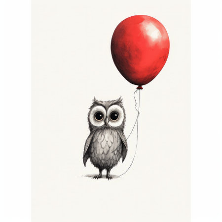 an owl, depicted in the style of animated gifs, is seen holding a vibrant red balloon. this artwork by qian xuan showcases traditional animation techniques, featuring a white and gray color palette. the rough-edged 2d animation gives the piece a unique charm, reminiscent of embroidery. ai generatedの素材