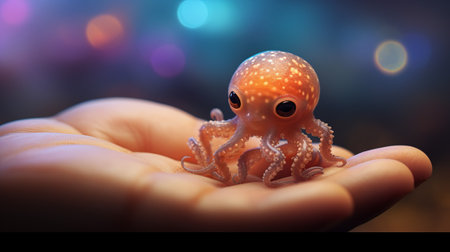 an orange octopus, captured in stunning detail through vray tracing, is delicately cradled in someone's hand. this captivating digital artwork showcases the intricate beauty of the miniature illumination technique, while the 32k uhd resolution brings out every mesmerizing detail. the charming illustration is enhanced by the ethereal bokeh effect, creating a captivating and slightly eerie atmosphere. ai generatedの素材