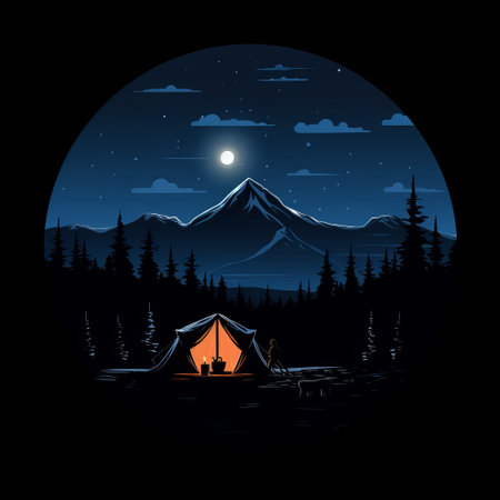 moonlit night in the wilderness, featuring majestic mountains, cozy tents, and towering trees. this captivating scene, rendered in a flat color style, showcases dark reflections and intricate character illustrations. with rtx on, the smokey background adds depth to the sky-blue and black hues, creating a mesmerizing atmosphere. ai generatedの素材