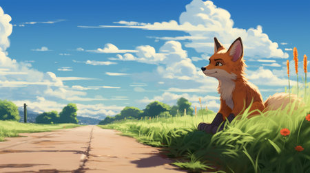 a fox is depicted in an anime art style, sitting on the grass under trees. the artwork showcases realistic blue skies, creating a beautiful and captivating scene. the fantastical street is portrayed with a flat, limited shading technique, while the horizons are kept sparse and simple. ai generatedの素材