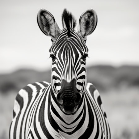 a large zebra gazes out over the field in this monochrome portrait captured by martin rak and scarlett hooft graafland. the photograph showcases the zebra's intense close-up with selective focus, highlighting its mismatched patterns. with an 8k resolution, this stunning image immerses viewers in the beauty of nature and wildlife. ai generatedの素材