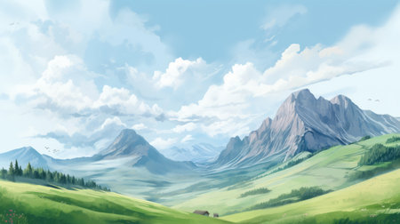 mountain landscape with green lawn. a serene pastel-colored painting capturing the beauty of a majestic mountain rising against a pristine white background. the lush green lawn surrounding the mountain adds a touch of tranquility to this picturesque scene. ai generatedの素材