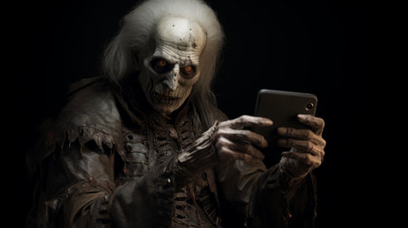 a zombie, resembling a demon, is seen engrossed in his phone in this tabletop photograph. the image captures the essence of salvator rosa's style, combined with the power of unreal engine 5. with elements of mythic storytelling and a halloween vibe, this unique portrayal merges the 18th-century aesthetic with modern technology, showcasing the intel core's capabilities. ai generatedの素材