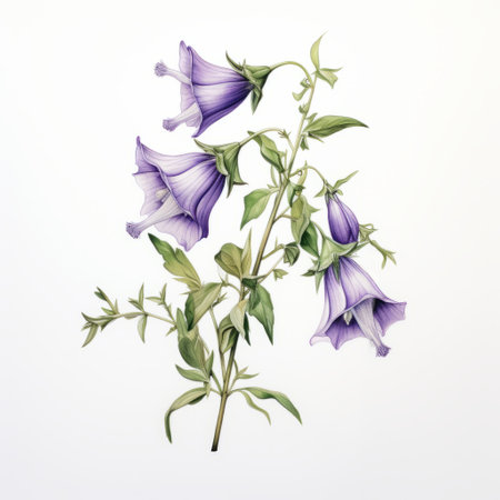 a mint drawing of campanula poscharskyana, featuring a white background. this tattoo-inspired artwork showcases a minimalist style, perfect for those seeking a clean and simple design. ai generatedの素材