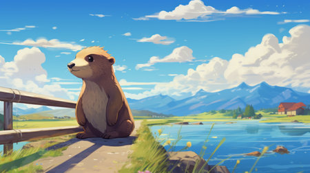 a painting featuring a bear perched on a fence, gazing at a serene lake. this artwork is inspired by 2d game art and booru style, showcasing lush landscape backgrounds. the kimoicore and rtx influences are evident in the sparse yet high-resolution details of the painting. ai generatedの素材