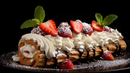 a glazed hot chocolate croissant with whipped cream and strawberries on top, showcased against a black background. the photo captures a dreamlike atmosphere with its elaborate detail and multi-layered composition. the ivory-colored croissant, adorned with aquirax uno, stands out, while the emphasis on functionality adds to the overall appeal. ai generatedの素材