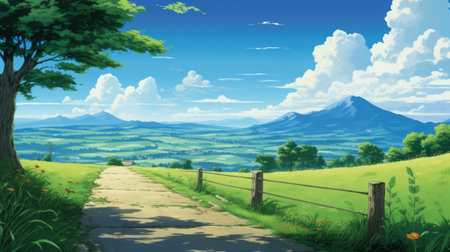 hills and mountains in the distance create a picturesque backdrop in this animecore-inspired photo. the colorful sidewalk scenes exude a sense of pastoral nostalgia, while the detailed skies and horizons add depth to the composition. it's hard to believe how beautiful and highly detailed this image is. ai generatedの素材