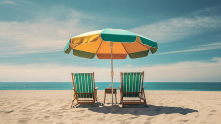 venice beach umbrella and chairs, captured in a photorealistic style, create a dreamlike atmosphere against the backdrop of stunning horizons. this poster-worthy stock photo showcases the vibrant colors and intricate details of the scene, making it perfect for high-resolution displays, including uhd and 32k. ai generatedの素材