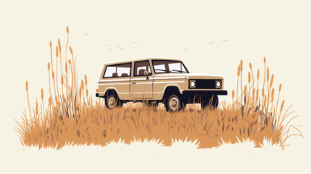 minimal screenprint illustration of an suv engulfed by overgrown weeds and grass. this risograph print showcases a color palette of cream, ochre, and brown, adding a rustic touch to the artwork. ai generatedの素材