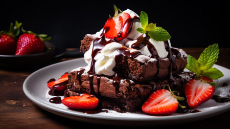 a plate of strawberries and chocolate brownies, showcasing an intense atmosphere with a bold color scheme. the frayed edges of the brownies add a touch of functionality emphasis, while the strong lighting contrasts create a visually striking image. the multilayered arrangement and messy presentation enhance the overall appeal. ai generatedの素材