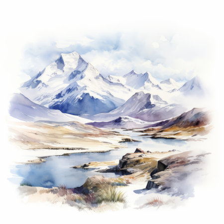 tundra landscape with hyper realistic watercolor style, showcasing majestic mountains against a pristine white background. ai generatedの素材