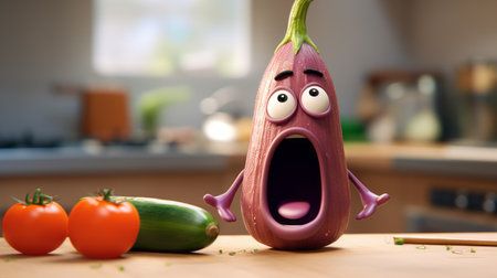 eggplant friends with eyes, engaging in conversation, captured in a whimsical pixar style by photographer paul wong. the image showcases the dusty piles of these animated vegetables, with a low depth of field highlighting their expressive features. the charming kitchen background adds to the playful ambiance of this delightful scene. ai generatedの素材