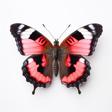 black and red butterfly on a white background, captured in a photography installation style. the butterfly showcases a striking combination of light crimson and pink hues, exuding an unpolished authenticity. the image highlights bold chromaticity and precise details, reminiscent of accurate bird specimens. with its symmetrical composition and large-scale format, this photograph is a captivating visual experience. ai generatedの素材