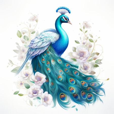 blue peacock made of white petals and green stems and flowers. the delicate watercolor landscape style, reminiscent of golden age illustrations and hurufiyya, showcases charming characters with detailed designs. the realistic use of light and color enhances the classic tattoo motifs. ai generatedの素材