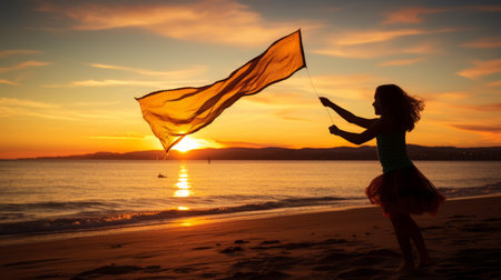 jessica, a childlike wonder, flies a kite at sunset on the beach. this color photograph captures the essence of bay area figurative art and maori art with its bold lines and vibrant colors. it is a stunning representation of the award-winning style of color photography pioneer. ai generatedの素材
