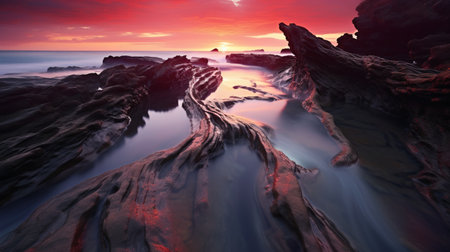 beautiful rock formations at sea, captured with the tokina at-x 11-16mm f/2.8 pro dx ii lens. the dark crimson and light bronze hues create a stunning contrast against the fluid and flowing lines of the rocks. this futuristic fantasy-like scene is reminiscent of a pictorial painting, with its colorful landscapes and flowing brushwork. ai generatedの素材