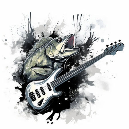 bass amp logo featuring a bass guitar and splatter image, created in the style of realistic watercolor paintings. this black and white artwork by dmitry spiros showcases varied brushwork techniques, reminiscent of the renowned artist john blanche. the design captures naturalistic proportions and exudes a bombacore aesthetic. ai generatedの素材