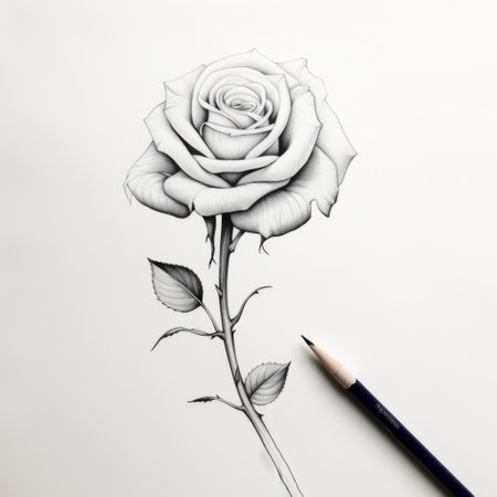 a monochrome, simple linear design of a rose with a long stem is showcased in this photo. the white background enhances the elegance and beauty of the flower. ai generatedの素材