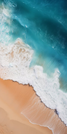 aerial view of a serene beach with soft color blending, showcasing the beautiful blend of sand and ocean water. this drone shot captures the vibrant and airy scene, with realistic attention to detail. the image features a light teal and orange color palette, reminiscent of the fashwave aesthetic, enhancing the overall realistic feel of the scene. ai generatedの素材