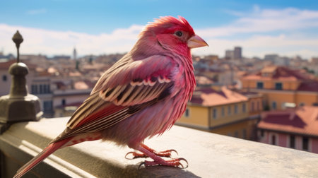 a pink-footed finch wearing goggles perches on a branch in italy. ai generatedの素材