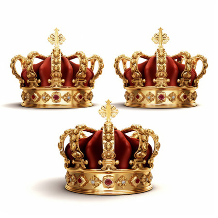 three golden crowns royalty icon, meticulously crafted in a photorealistic style, showcasing highly detailed illustrations. set against a clean white background, these anglo gothic-inspired crowns feature a rich dark red hue. the artist's innovative techniques seamlessly blend natural and man-made elements, resulting in a captivating and regal composition. ai generatedの素材