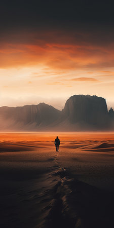 a woman walks along a rocky path in the desert at sunset. the photo captures the essence of gauzy atmospheric landscapes with minimalist backgrounds. the orange and black hues create a romantic and dramatic ambiance. the image evokes a sense of mystery and fantasy, showcasing a fantastic and otherworldly landscape. ai generatedの素材