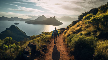 a woman walks through a vast expanse of australian woods, with majestic mountains in the distance. this backlit photograph captures the beauty of coastal landscapes and the sense of adventure. the image evokes a feeling of passage and is reminiscent of time-lapse photography, showcasing the stunning scenery in the style of australian landscapes. ai generatedの素材