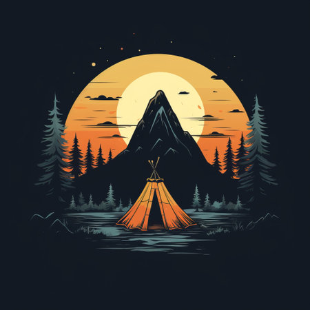 an outpost tent and mountaineer are depicted under the sun in a dark palette chiaroscuro style. the illustration exudes a nostalgic atmosphere with its turquoise and orange hues. the forestpunk theme is evident in the traditional motifs and calm waters surrounding the scene, creating a captivating and slightly nightmarish ambiance. ai generatedの素材