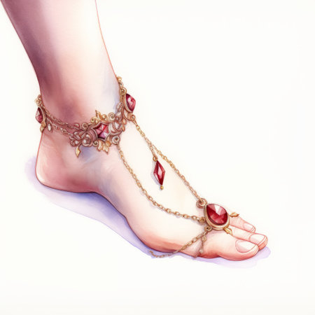 lady's shoes with bejeweled feet, featuring a realistic and detailed rendering in light crimson and light bronze. these animecore-inspired shoes, created by artist magali villeneuve, showcase a subtle ink application. the combination of gold and crimson adds a touch of elegance to this design, reminiscent of the style of milo manara. ai generatedの素材