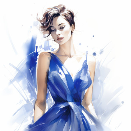 a girl in a blue dress stands against a vibrant purple background in this fashion illustration. the artwork, created in the style of ink wash painting, showcases smooth and shiny textures. influenced by artists like artgerm and serge marshennikov, the illustration features elegant and emotive faces. this captivating piece, with its multi-layered figures, has won a prestigious contest. ai generatedの素材