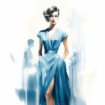 a blue fashion woman stands elegantly in a blue dress, reminiscent of classic hollywood glamour. the editorial illustration captures the essence of dynamic sketching with blurry yet highly detailed elements. the artwork, inspired by the style of patrick brown, showcases digitally enhanced features for a visually captivating experience. ai generatedの素材