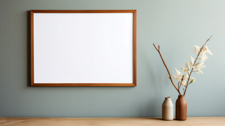 blank wooden frame with iris in front, space planning shot. gray wall, natural light. ai generatedの素材