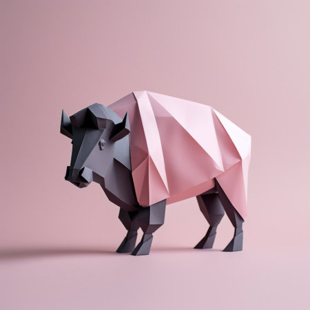 a playful origami bison in a minimalist composition, showcasing simple shapes and a consistent color palette. this artwork exudes curiosity and friendliness, capturing the viewer's attention with its charming design. ai generatedの素材