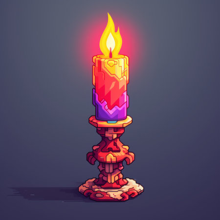 a pixel art candlestick with vibrant colors, created by pixelplantmaster. this white ground indie game asset features a 16-bit retro game style, with simple and detailed 2d illustration. the nostalgic aesthetic and crisp pixel edges add to its charm. ai generatedの素材