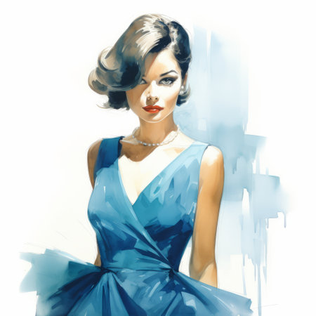 a blue dress illustration reminiscent of glamorous hollywood portraits. this high-detail image showcases a strong facial expression and a smooth, polished finish. created by an ink wash painter, the charming characters exude a retro-style vibe. ai generatedの素材