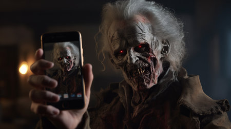 a phone screen displays a captivating image of a vampire with zombie makeup, captured with tabletop photography techniques. this mesmerizing shot showcases the meticulous precision of the photographer, mark keathley, and the artistic influence of cerith wyn evans. the use of the hasselblad h6d-400c camera ensures exceptional image quality, while the solarizing master technique adds a unique touch. experience this stunning uhd image. ai generatedの素材