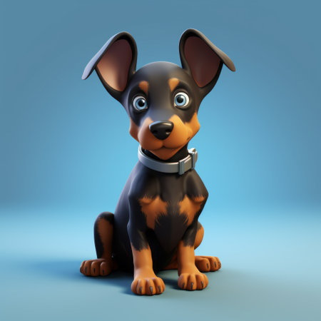 a cuddly dachshund 3d model, featuring aggressive digital illustration style. the charming character is depicted in light black and blue tones against a matte background. the illustration showcases singular focus and sharp attention to detail, creating an endearing and captivating image. ai generatedの素材