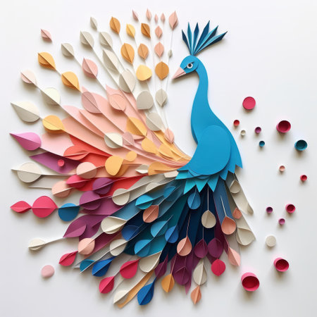 a playful origami peacock in a minimalist composition, showcasing simple shapes and a consistent color palette. this artwork exudes curiosity and friendliness, capturing the viewer's attention with its charming design. ai generatedの素材