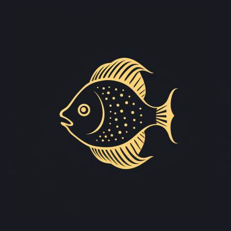 a fish logo for a jewelry business, designed in a dark black and gold color scheme. the logo features linocut prints and incorporates personal iconography. the design showcases dynamic and expressive animations, intricate illustrations, and chiaroscuro woodcuts. the fish logo is characterized by soft outlines, creating a visually captivating and unique aesthetic. ai generatedの素材