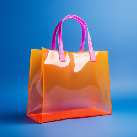 an ethereal transparent shopping bag in vibrant orange and pink colors. this ultraviolet photograph captures the mesmerizing blend of light amber and azure hues. the softbox lighting enhances the smooth and polished appearance of the foampunk-inspired plastic bag. ai generatedの素材
